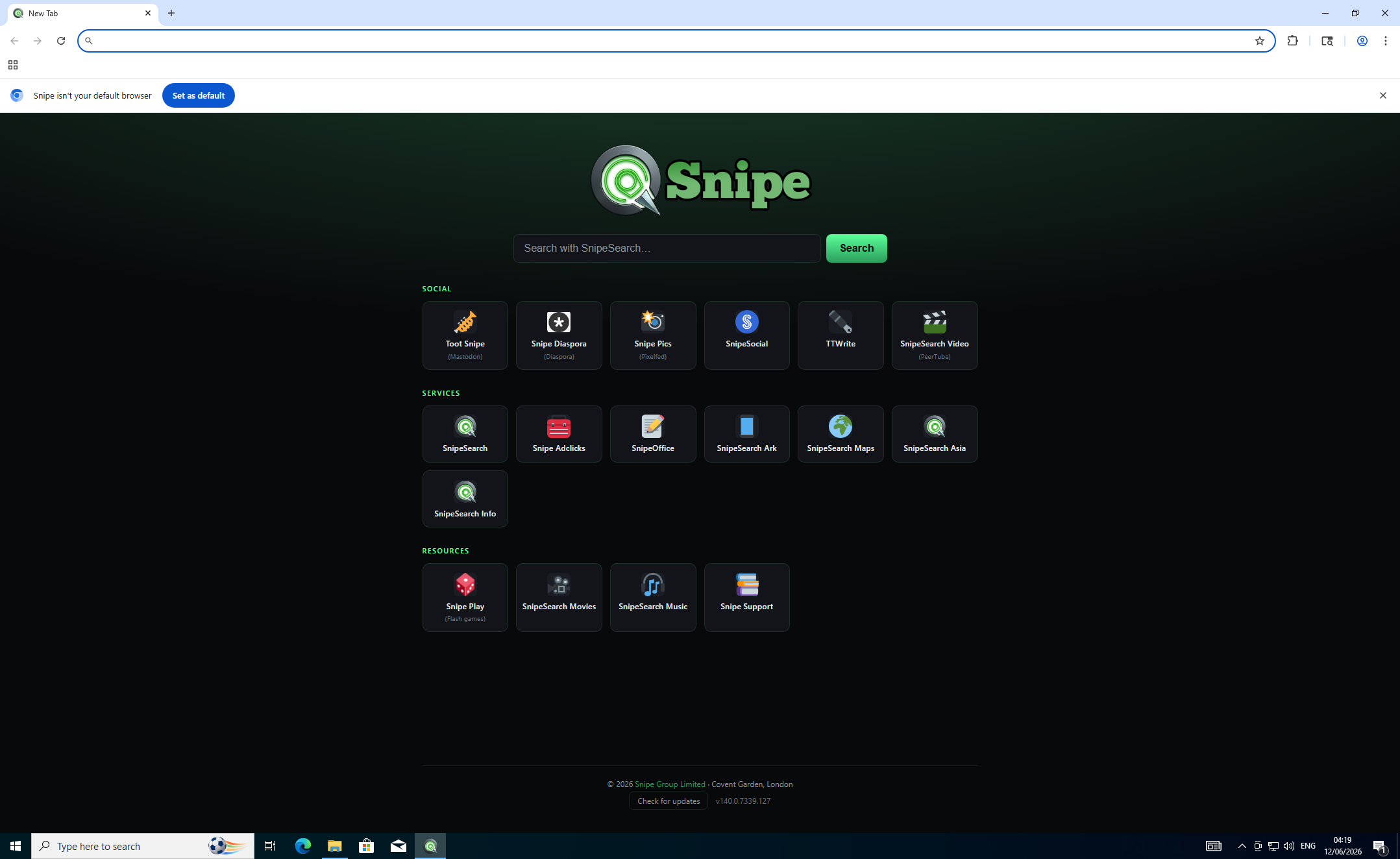 Snipe new tab page with SnipeSearch and ecosystem shortcuts on Windows 10 32-bit